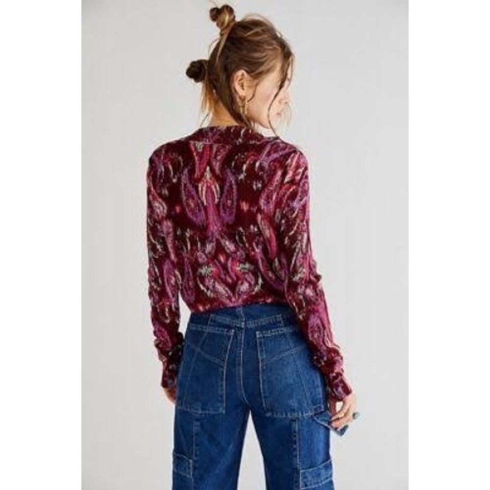 Free People Cherie Printed Top Women's Small Wine Velvet Boho Deep V Long Sleeve - Picture 2 of 7